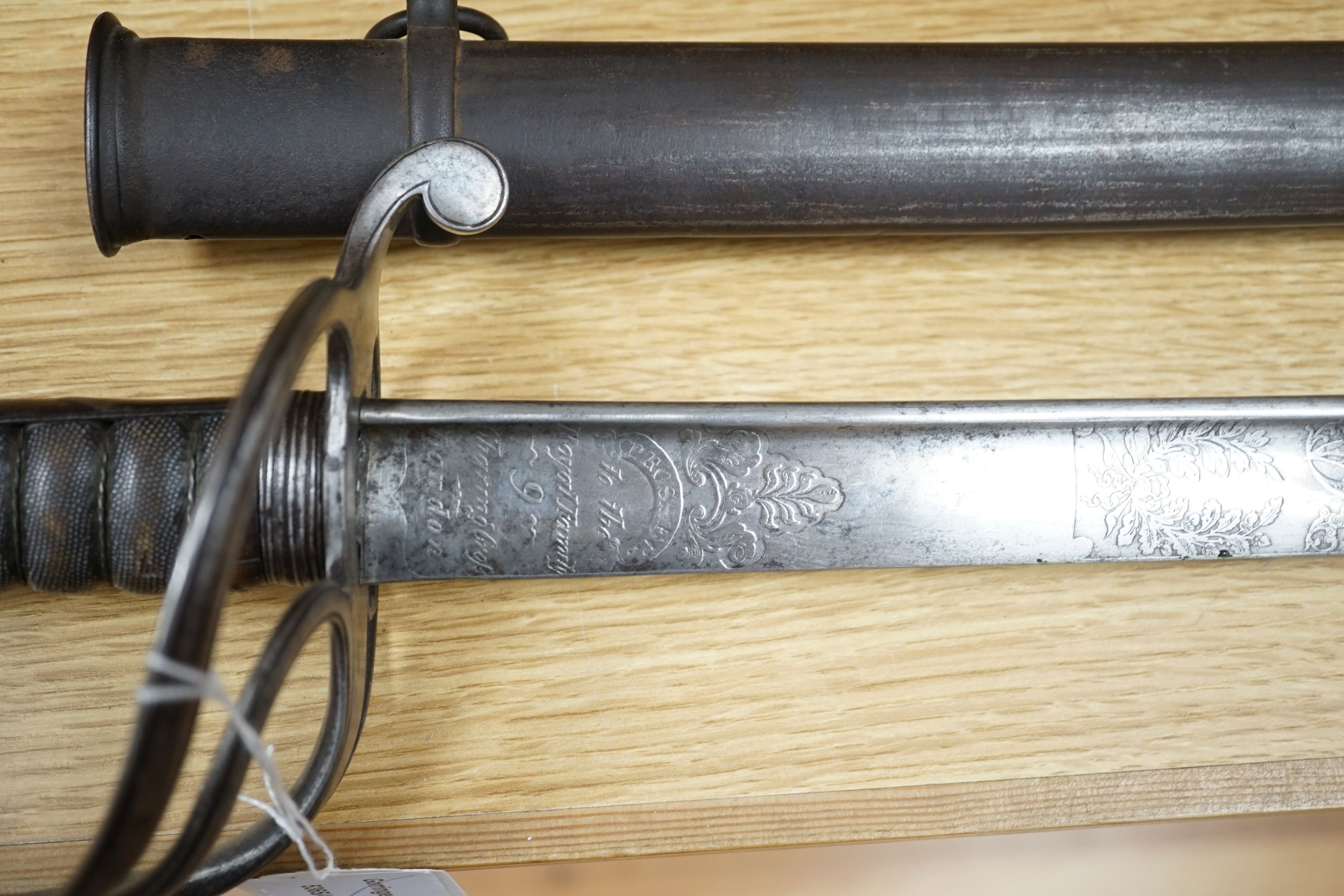 A Victorian cavalry officer’s sword, by Prosser, 106 cms long